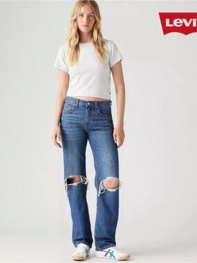 Levi's Women's Low Pro Straight Distressed Straight-Leg Jeans in Medium Blue